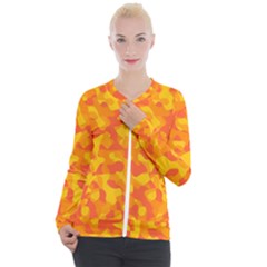 Orange And Yellow Camouflage Pattern Casual Zip Up Jacket by SpinnyChairDesigns