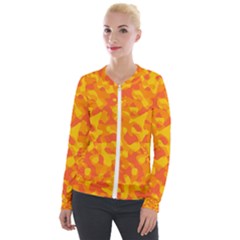 Orange And Yellow Camouflage Pattern Velour Zip Up Jacket by SpinnyChairDesigns