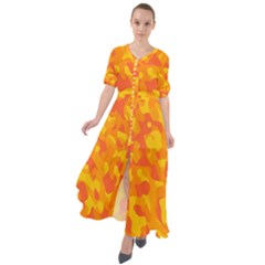 Orange And Yellow Camouflage Pattern Waist Tie Boho Maxi Dress by SpinnyChairDesigns