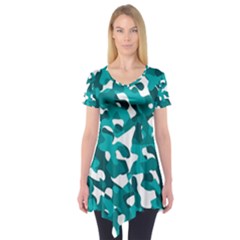 Teal And White Camouflage Pattern Short Sleeve Tunic  by SpinnyChairDesigns