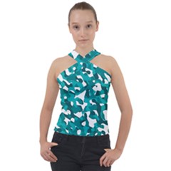 Teal And White Camouflage Pattern Cross Neck Velour Top by SpinnyChairDesigns