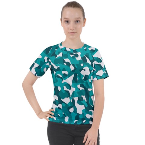 Teal And White Camouflage Pattern Women s Sport Raglan Tee by SpinnyChairDesigns