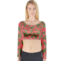 Pink And Green Camouflage Pattern Long Sleeve Crop Top by SpinnyChairDesigns