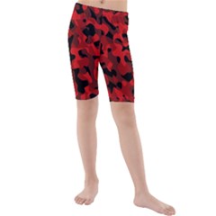 Red And Black Camouflage Pattern Kids  Mid Length Swim Shorts by SpinnyChairDesigns