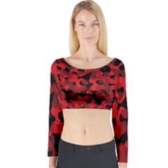 Red And Black Camouflage Pattern Long Sleeve Crop Top by SpinnyChairDesigns