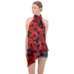 Red And Black Camouflage Pattern Halter Asymmetric Satin Top by SpinnyChairDesigns