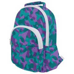 Purple And Teal Camouflage Pattern Rounded Multi Pocket Backpack by SpinnyChairDesigns