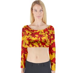 Red And Yellow Camouflage Pattern Long Sleeve Crop Top by SpinnyChairDesigns