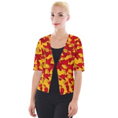 Red And Yellow Camouflage Pattern Cropped Button Cardigan by SpinnyChairDesigns