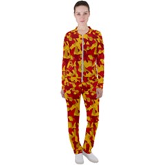 Red And Yellow Camouflage Pattern Casual Jacket And Pants Set by SpinnyChairDesigns