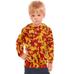 Red And Yellow Camouflage Pattern Kids  Hooded Pullover by SpinnyChairDesigns