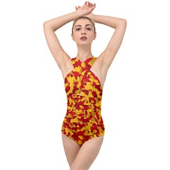 Red And Yellow Camouflage Pattern Cross Front Low Back Swimsuit by SpinnyChairDesigns