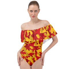 Red And Yellow Camouflage Pattern Off Shoulder Velour Bodysuit  by SpinnyChairDesigns