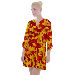 Red And Yellow Camouflage Pattern Open Neck Shift Dress by SpinnyChairDesigns