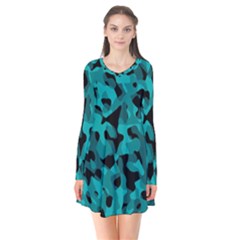 Black And Teal Camouflage Pattern Long Sleeve V-neck Flare Dress by SpinnyChairDesigns