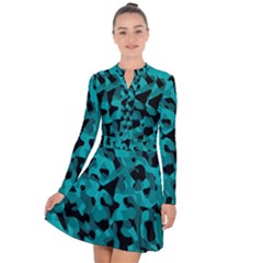 Black And Teal Camouflage Pattern Long Sleeve Panel Dress by SpinnyChairDesigns