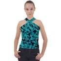 Black and Teal Camouflage Pattern Cross Neck Velour Top View1