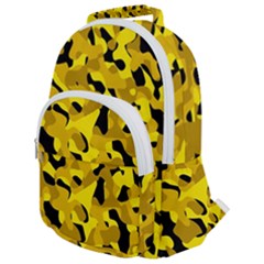 Black And Yellow Camouflage Pattern Rounded Multi Pocket Backpack by SpinnyChairDesigns