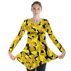 Black And Yellow Camouflage Pattern Long Sleeve Tunic  by SpinnyChairDesigns