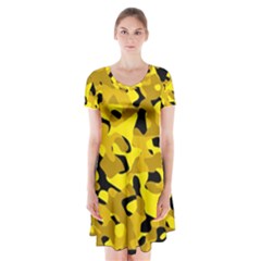 Black And Yellow Camouflage Pattern Short Sleeve V-neck Flare Dress by SpinnyChairDesigns