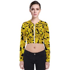 Black And Yellow Camouflage Pattern Long Sleeve Zip Up Bomber Jacket by SpinnyChairDesigns