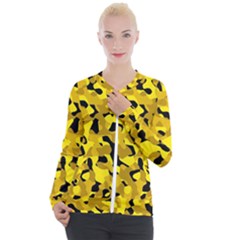 Black And Yellow Camouflage Pattern Casual Zip Up Jacket by SpinnyChairDesigns