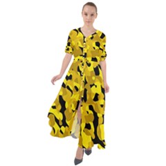 Black And Yellow Camouflage Pattern Waist Tie Boho Maxi Dress by SpinnyChairDesigns