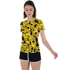 Black And Yellow Camouflage Pattern Back Circle Cutout Sports Tee by SpinnyChairDesigns