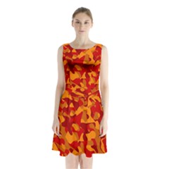 Red And Orange Camouflage Pattern Sleeveless Waist Tie Chiffon Dress by SpinnyChairDesigns