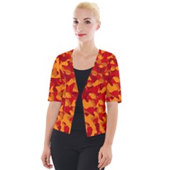 Red And Orange Camouflage Pattern Cropped Button Cardigan by SpinnyChairDesigns