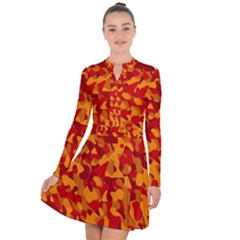 Red And Orange Camouflage Pattern Long Sleeve Panel Dress by SpinnyChairDesigns