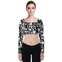 Black And White Camouflage Pattern Velvet Long Sleeve Crop Top by SpinnyChairDesigns