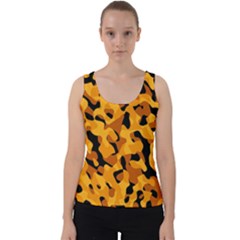 Orange And Black Camouflage Pattern Velvet Tank Top by SpinnyChairDesigns