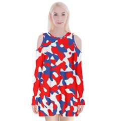 Red White Blue Camouflage Pattern Velvet Long Sleeve Shoulder Cutout Dress by SpinnyChairDesigns