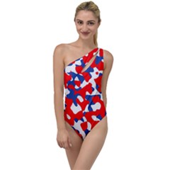 Red White Blue Camouflage Pattern To One Side Swimsuit by SpinnyChairDesigns