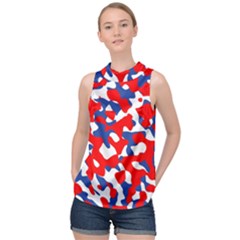 Red White Blue Camouflage Pattern High Neck Satin Top by SpinnyChairDesigns