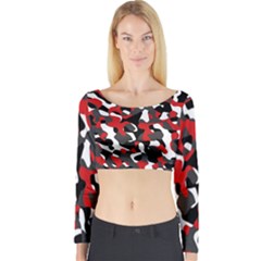 Black Red White Camouflage Pattern Long Sleeve Crop Top by SpinnyChairDesigns