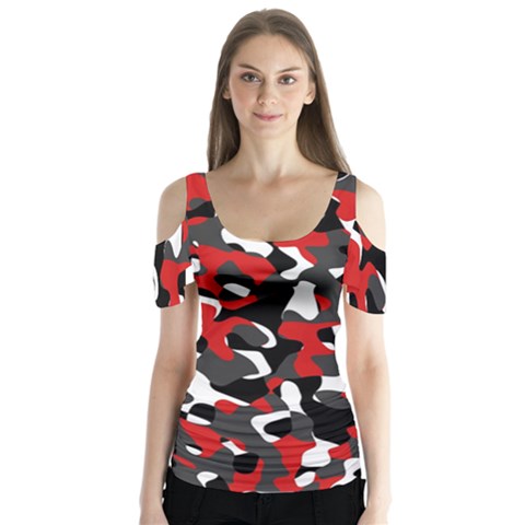 Black Red White Camouflage Pattern Butterfly Sleeve Cutout Tee  by SpinnyChairDesigns