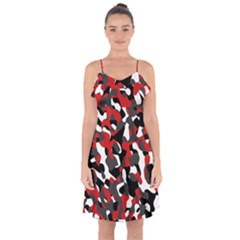 Black Red White Camouflage Pattern Ruffle Detail Chiffon Dress by SpinnyChairDesigns