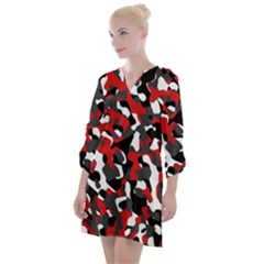 Black Red White Camouflage Pattern Open Neck Shift Dress by SpinnyChairDesigns