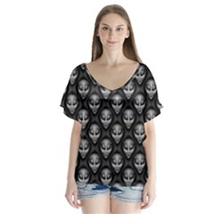 Grey Aliens Extraterrestrials Ufo Faces V-neck Flutter Sleeve Top by SpinnyChairDesigns