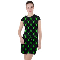 Neon Green Bug Insect Heads On Black Drawstring Hooded Dress by SpinnyChairDesigns