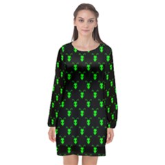 Neon Green Bug Insect Heads On Black Long Sleeve Chiffon Shift Dress  by SpinnyChairDesigns