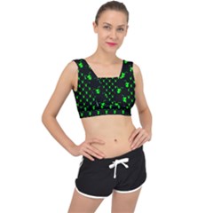 Neon Green Bug Insect Heads On Black V-back Sports Bra by SpinnyChairDesigns