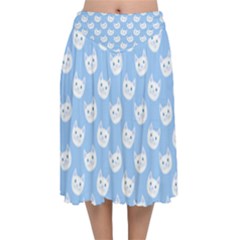 Cute Cat Faces White And Blue  Velvet Flared Midi Skirt by SpinnyChairDesigns