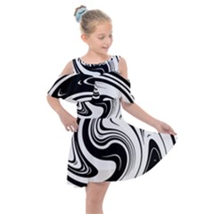 Black And White Swirl Spiral Swoosh Pattern Kids  Shoulder Cutout Chiffon Dress by SpinnyChairDesigns