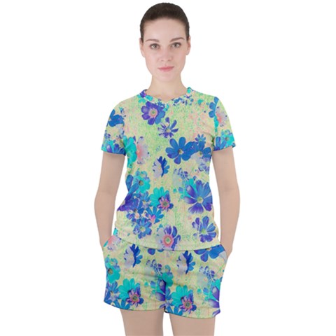 Cosmos Flowers Blue Women s Tee And Shorts Set by DinkovaArt