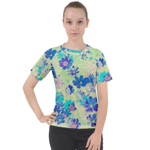 Cosmos Flowers Blue Women s Sport Raglan Tee by DinkovaArt