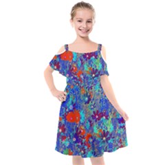 Cosmos Flowers Blue Red Kids  Cut Out Shoulders Chiffon Dress by DinkovaArt