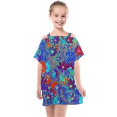 Cosmos Flowers Blue Red Kids  One Piece Chiffon Dress by DinkovaArt